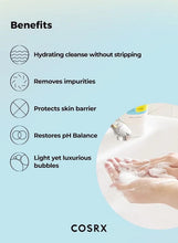 Low pH gel cleanser tube with blue label, 150 ml, shown with hand foam