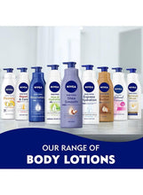 NIVEA range of body lotion bottles with blue and tan caps