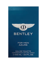 Blue product box front panel with Bentley wing logo and “FOR MEN AZURE”