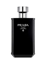 Prada black eau de parfum bottle with silver cap, front label centered