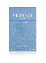 Versace Man Eau Fraiche perfume box, blue croc texture with logo and 200 ml
