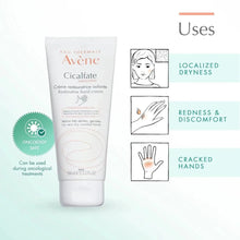 Avène Cicalfate restorative hand cream tube shown with use icons.