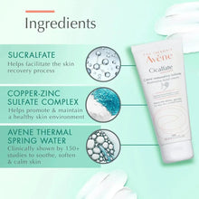 Avène Cicalfate restorative hand cream tube next to ingredient icons.