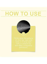 Hair perfume how-to step showing spray bottle above dark circle graphic.