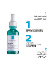 Anti-acne serum bottle with white dropper cap, shown for step-by-step use