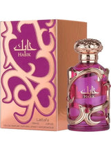 Lattafa Habik eau de parfum bottle with ornate gold-toned cap and purple liquid