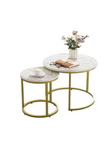 Round marble-pattern coffee table set with white tops and gold metal frames, two tiers