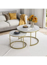 Round marble-pattern coffee table set, white round tops with gold frames and open base