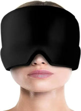 Black reusable ice gel pack cap with face opening and eye cutout