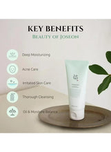 Green plum cleanser tube beside icons for deep moisturizing and acne care