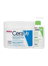 CeraVe moisturizing cream jar and hydrating cleanser bottle set, blue and green labels