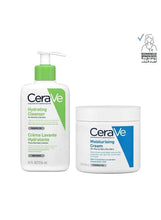 Skincare duo pack with white CeraVe cleanser bottle and moisturizing cream jar, green pump