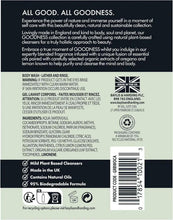 Baylis & Harding Goodness body wash back label with ingredients and recycling info