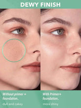 Dewy finish face comparison showing cheek glow with primer vs without