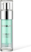 Hydrating face primer bottle with green liquid and silver pump cap
