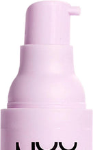 Purple makeup primer pump bottle with NYX branding and embossed label.