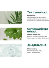 Body cleanser ingredient panel: tea tree, centella asiatica, AHA/BHA/PHA