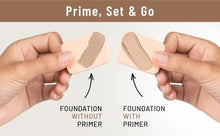 Makeup primer comparison graphic with foundation swatches held in hands