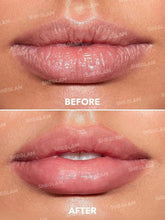 Before-and-after view of glossy pink lips with lip oil