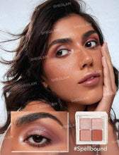 Model with rose-gold shimmer eye makeup and eyeshadow quad labeled #Spellbound