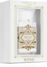 Perfume gift box with window showing a white bottle and gold 'Honor & Glory' label