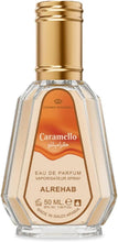 Eau de parfum spray bottle, 50 mL, clear glass with gold cap and Caramello label