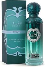 Teal perfume bottle with ornate cap and GISSAR badge beside signature collection box