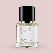 Spray perfume bottle with black cap, clear golden liquid, Spray Vanilla 26 label