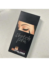 Liquid eyeliner box with black winged eyeliner on model eye