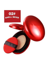 BB cream compact with red open lid, beige cushion refill, and sponge puff