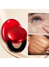 BB cream compact with red lid and beige cream swatches on face