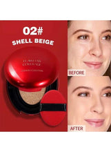 BB cream compact with puff and shell beige label beside before-and-after face
