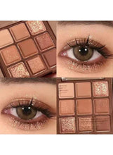 Warm brown eyeshadow palette with matte and glitter shades, on eye makeup