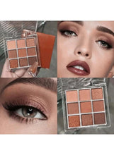 9-pan eyeshadow palette with warm nude browns, shimmer shades, with eye makeup