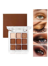 9-pan eyeshadow palette, matte and shimmer warm brown shades, open in clear case