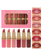 Pearl matte and shimmer lipstick set with six gold-capped tubes in display box