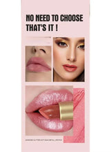 Metallic pink shimmer lipstick on lips with tube and gold cap close-up