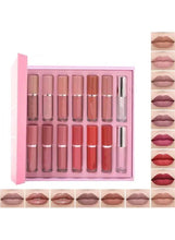 14-color lip gloss gift set with matte and shimmer shades in clear tubes, pink case