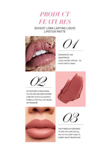 Matte liquid lipstick feature card with swatches and labels 01–03