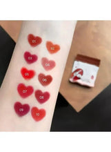 Swatch sheet of 10 mini matte lipstick shades, red dots labeled 01 to 10