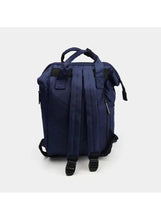 Navy-blue diaper travel bag with adjustable back straps and zippered sections