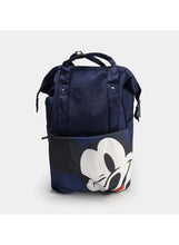 Navy-blue diaper travel bag with front pocket and cartoon character face panel