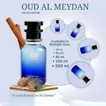 Blue glass perfume bottle with black cap on display with multiple size icons