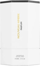 Perfume box with Nouveau Ambre Parfum and 100ml 3.4 fl oz text, white