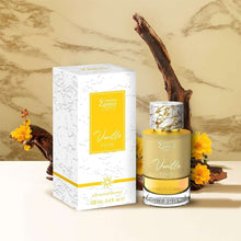 Vanilla eau de parfum bottle with matching white gift box and gold marbled cap