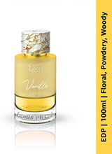 Vanilla eau de parfum bottle with gold marbled cap and amber label, 100 ml