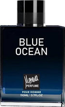 Eau de parfum bottle, Blue Ocean label on dark blue glass, 100 ml