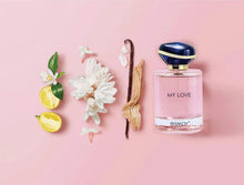 Pink eau de parfum bottle with navy-blue cap and 'MY LOVE' front label