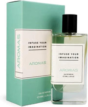 Eau de parfum bottle with box, black cap and 'Infuse Your Imagination' label