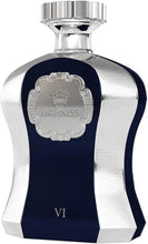 Blue perfume bottle with silver cap, crest label, and VI panel